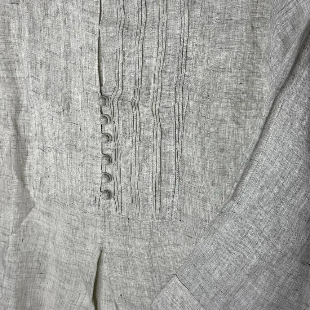 Anokhi Blouse Womens Large Gray Linen Pleated Tunic 3/4 Sleeve Button Front